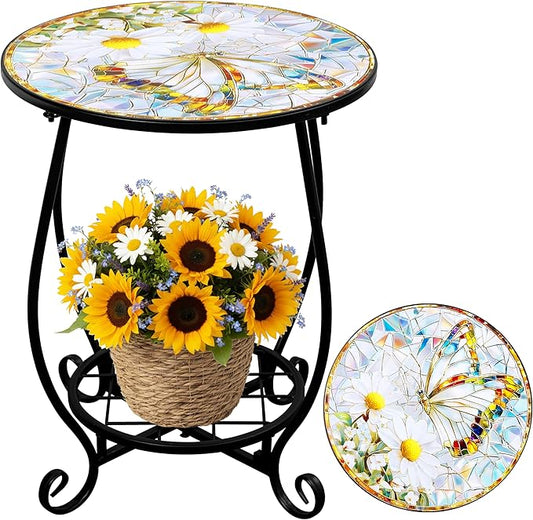 Outdoor Patio Side Table - 14" Metal Small Round Coffee Tables, Flower Butterfly Style Accent Stand End Snack Desk for Indoor Outside Balcony Yard Porch Bedside Poolside Garden Home Decoration
