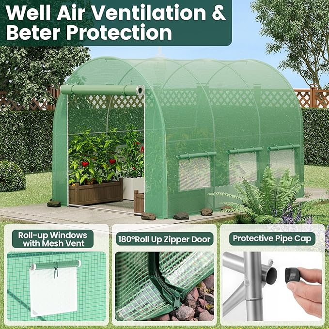 Greenhouse, 13'×8'×7' Walk-in Greenhouses for Outdoors, Large Plant Hoop Green House with 6 Ventilated Mesh Windows, Green Houses for Outside Heavy Duty with Reinforced Frame & High Strength PE Cover