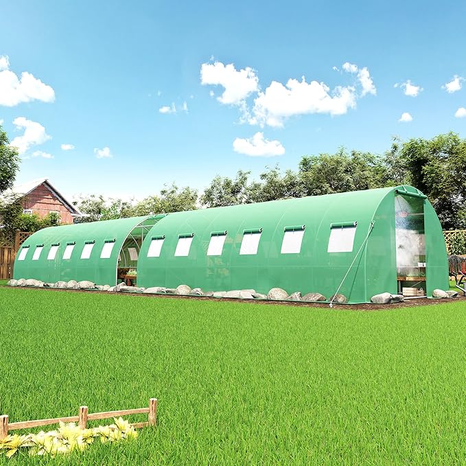AMERLIFE 44×10 FT Large Walk-in Tunnel Greenhouse with Watering System, Heavy Duty Greenhouse with 4 Support Poles & 4 Doors, Outdoor Greenhouse with Mesh Windows, UV-Proof PE Cover, Green