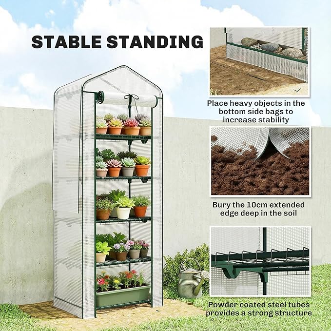Outsunny 5 Tier Mini Greenhouse with Screen Roof, 27.6" x 19.7" x 75.6", Portable Small Greenhouse with High Strength PE Cover, Roll-Up Zipper Door for Garden Yard Backyard, White
