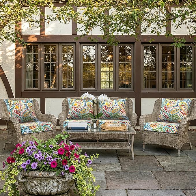 LVTXIII Outdoor Deep Seat Cushion 24"x24"x4" Patio Seat and Back Cushion Set Seasonal Chair Cushion for Dining Arm Chairs, Wicker Chairs and Garden Furniture Decoration, Paisley Multi