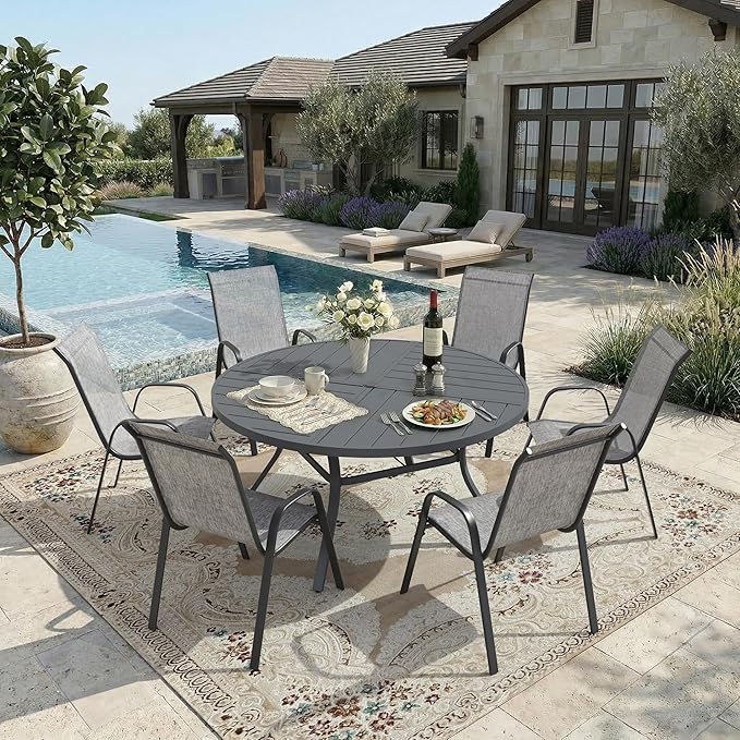 DIFY Patio Chairs Set of 8, Stackable Outdoor Dining Chairs Set with Breathable Textilene High Back and All-Weather Metal Frame for Garden, Backyard, Deck, Grey