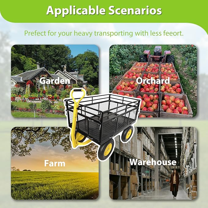 Wheelbarrow Cart, Utility Garden Wagon Dump Cart, 1400 lbs Capacity, 2-in-1 Handle and 16 in Tires Heavy Duty Yard Dump Wagon with Steel Frame for Farm, Garden,Black