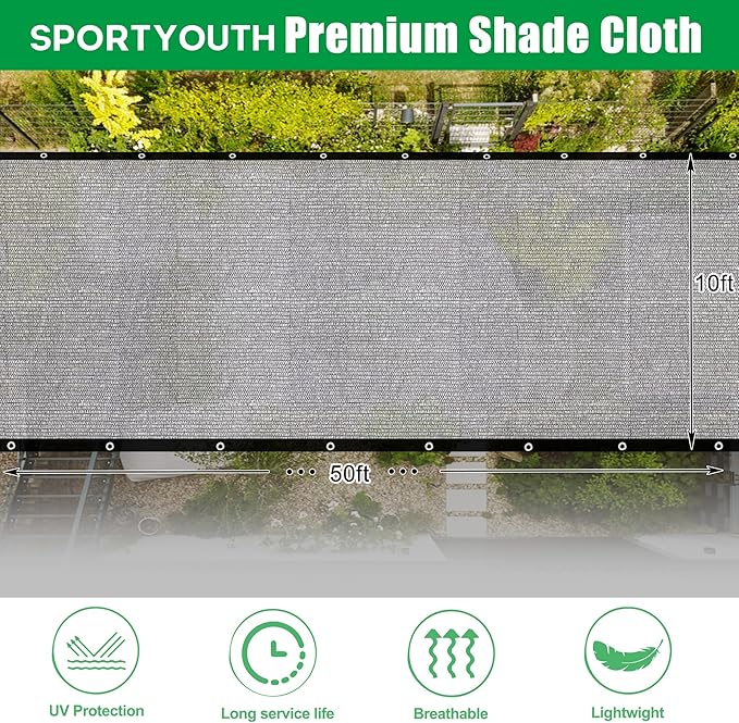 SPORTYOUTH 40% Shade Cloth for Garden, 10ft x 50 ft Mesh Tarp with Grommets, Black UV Resistant Outdoor Sunblock Shade Netting Cover for Greenhouse, Plants Vegetables Growing, Patio, Chicken Coop