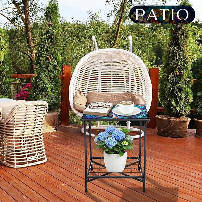 Cinnvoice Outdoor Side Table 2-Tier Storage Square Small Mosaic Patio Accent Indoor End Plant Coffee Tea Table for Yard Patio Porch Garden Living Room, Bedroom(Turtle Style)