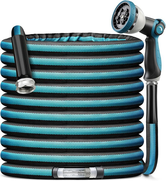 Garden Hose Water Hose 100ft Lightweight Flexible, Kink-Free Outdoor Heavy Duty 3/4" Rustproof Metal Fittings, 10-Pattern 360° Rotating Spray Nozzle for Yard Lawn Car Wash