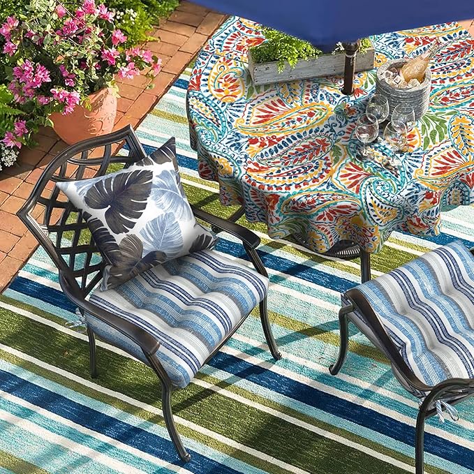 DYTXIII Set of 2 Outdoor Chair Cushions 19"x19"x4", Water Repellent Tufted Patio Seat Cushions with Ties, Thick Replacement Pads for Wicker Dining Chairs, Patio Furniture, Stripe Layered Blue