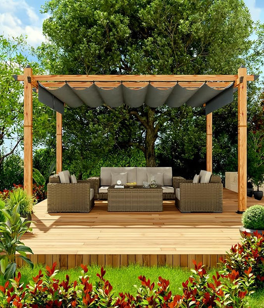 10' X 13' Outdoor Pergola with Retractable Canopy Aluminum Pergola Faux Wood Metal Pergolas Gazebo for Backyard, Deck, Patio, Garden Porch Beach Sun Shade Pavilion Grape Trellis Grill, Gray
