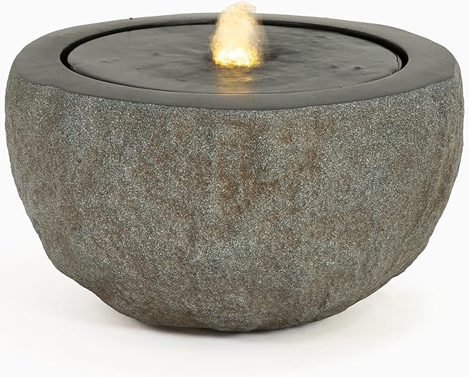 Sunnydaze Outdoor Water Fountain with LED Light - Polystone Round Bowl Bubbler Water Feature with Pump - 9.5" H - for Patio, Garden, Deck, Relaxation and Stress Relief - Gray