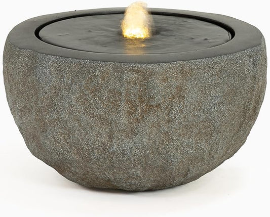 Sunnydaze Outdoor Water Fountain with LED Light - Polystone Round Bowl Bubbler Water Feature with Pump - 9.5" H - for Patio, Garden, Deck, Relaxation and Stress Relief - Gray