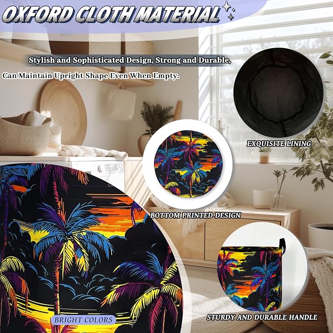 Palm Trees Laundry Basket Oxford Cloth Foldable Hamper 18.9x16.5 Inch | Hawaii With Handle Large-Capacity Tote Bag Laundry Hamper Clothes Storage Bucket Toy Organizer For Bathroom,Laundry,Bedroom
