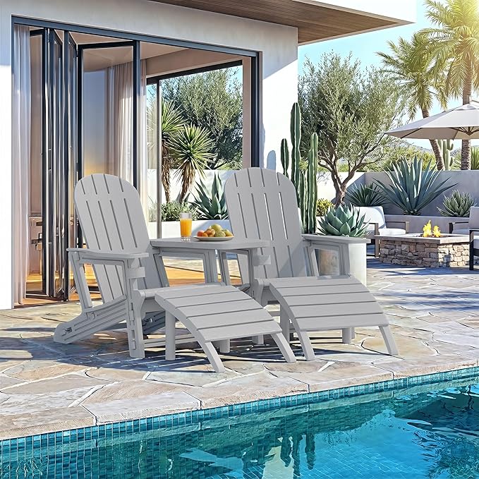 Vongrasig Adirondack Chairs Set of 2 with Removable Tabletop and Footrest, HDPE Plastic Outdoor Chair Set with Wooden Textured, Cup Holder for Patio, Poolside, Garden, Light Grey, 5 Pieces