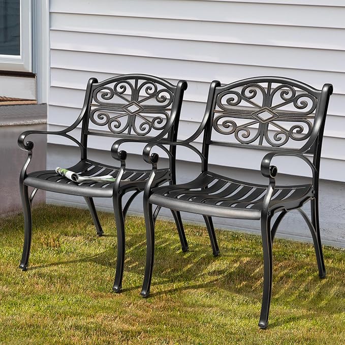 NUU GARDEN Patio Dining Chairs Set of 2, Cast Aluminum Outdoor Chairs with Armrests, Bistro Patio Chairs for Garden Lawn Porch Backyard Poolside, Black with Gold Painted Edges