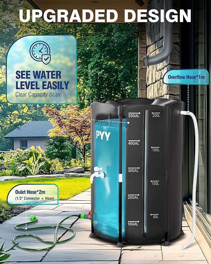 PYY Rain Water Collection Barrel - 53 Gallon Black Large Water Storage Tank with Spigot, Hose and Portable Bucket, Plastic Collapsible Rain Catcher Catchment System to Collect Rainwater from Gutter