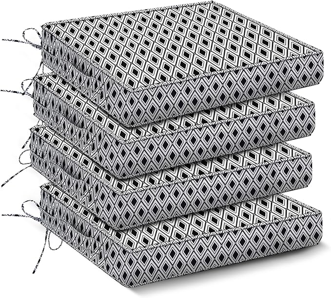 IPYNBAP Outdoor Chair Cushions Set of 4,Waterproof Outdoor Seat Cushions for Patio Furniture,Patio Chair Cushion with Handle and Ties, Out Door Chair Pads,17" x 16" x 2", Black Geometry