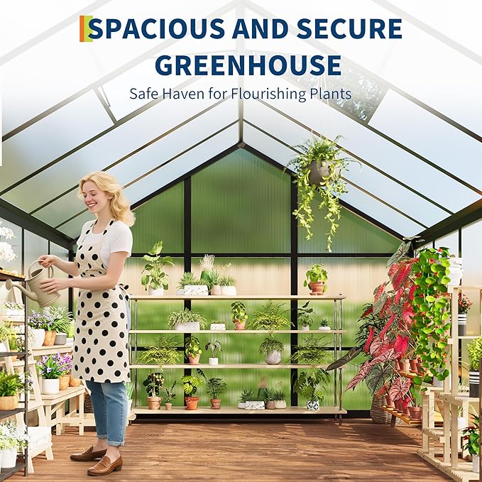 Garvee 6 x 10 ft Greenhouse, Greenhouses for Outside, Polycarbonate Greenhouse with Aluminum Frame, Lockable Door and Ajustable Roof Vent for Backyard, Green Houses for Outside Garden Backyard, Patio