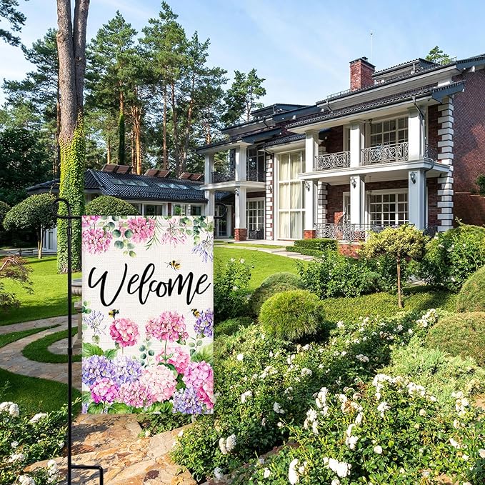 Welcome Spring Summer Garden Flag 12x18 Inch Double Sided Colorful Floral Hydrangea Bee Seasonal Small Burlap Garden Flags for Porch, Patio, Lawn, Farmhouse, Holiday Decoration