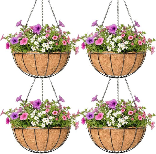 4 Pack Hanging Planter for Outdoor Plants 16 inch Metal Hanging Flower Basket with Coco Coir Liner Round Wire Plant Holder Chain Flower Pots Outdoor Garden Decoration Watering Hanging Baskets(XG)