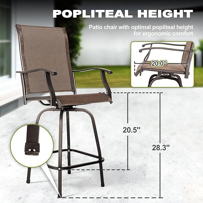 NUU GARDEN 5 Piece Patio Bar Set with Square Silk Screen Bar Height Glass Table and 4 Counter Textilene Height Swivel Chairs for Patio, Yard, Outdoor, Black&Brown
