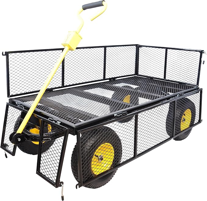 Steel Garden Cart 880 lbs Capacity Heavy Duty Garden Wagons,with Removable Steel Mesh Sides to Convert into Flatbed,Utility Metal Wagon w/ 180°Rotating Handle (Big-Pneumatic)