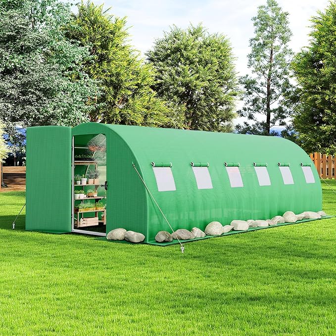 AMERLIFE 20×10 FT Tunnel Greenhouse with Built-in Sprinkler System, Walk-in Greenhouse for Backyard Gardening, Heavy Duty Galvanized Steel Frame & Waterproof PE Cover, Green