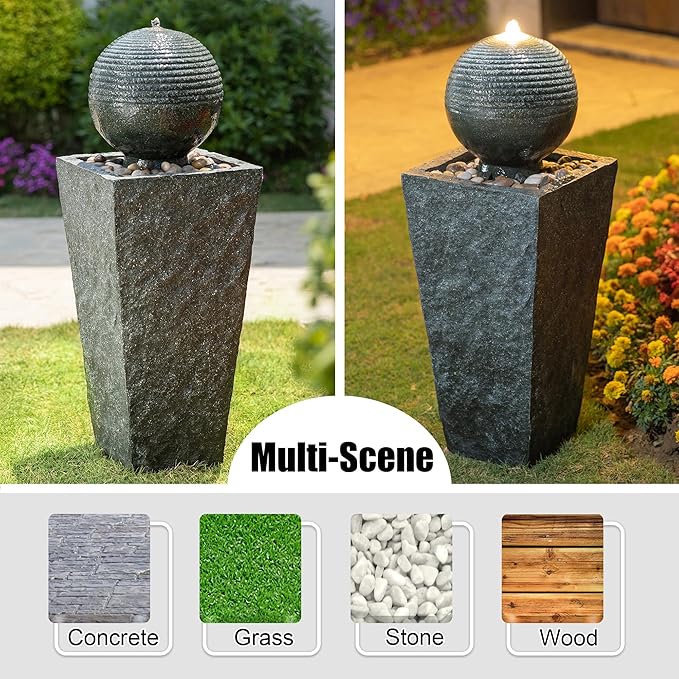 Glitzhome Outdoor Water Fountain, Outdoor Fountain with Pebbles, Pump and LED Light, 31.75" H Modern Geometric Pedestal and Sphere Polyresin Waterfall Fountain for Patio, Backyard, Garden, Deck Decor