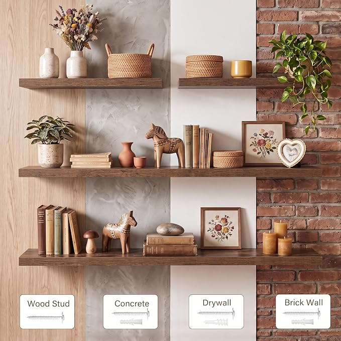 16x8in Floating Shelves 2 Pack, Wall Mount Display Shelf, Rustic Brown | Invisible Brackets, 18lb Sturdy MDF, 8in Deep Shelf, Easy Install, For Bedroom, Bathroom, Living Room, Kitchen & Office