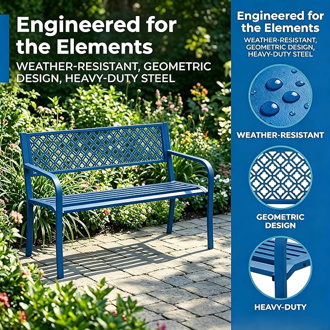 Garvee Outdoor Metal Garden Bench for 2 Person, Heavy Duty Steel Patio Bench 790 Lbs Capacity, Weather Resistant Black Porch Seating with Geometric Backrest, Outdoor Furniture for Yard, Deck, Entryway