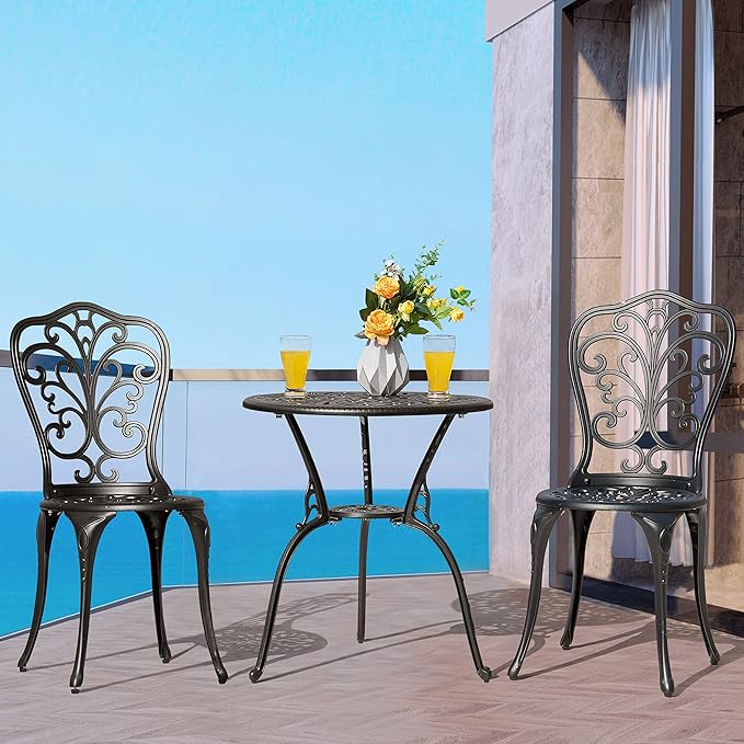 NUU GARDEN 3 Piece Outdoor Bistro Table Set, All Weather Cast Aluminum Patio Bistro Sets Patio Table and Chairs Set of 2 with Umbrella Hole for Yard, Garden, Balcony, Black