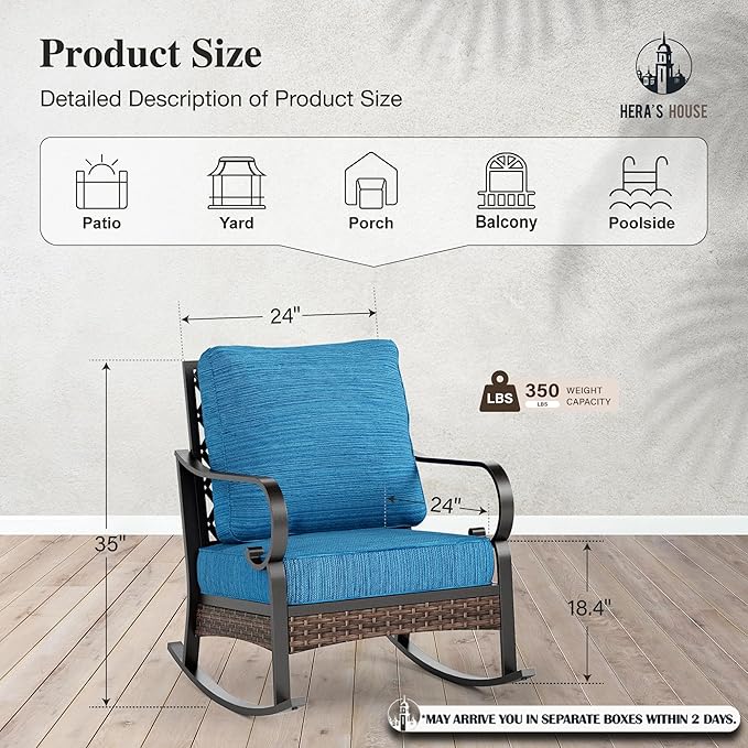 HERA'S HOUSE Patio Rocking Chairs Set of 2 with Thick Cushions, High Back Metal Outdoor Rockers, All Weather Garden Furniture for Backyard, Deck, Lawn, Peacock Blue