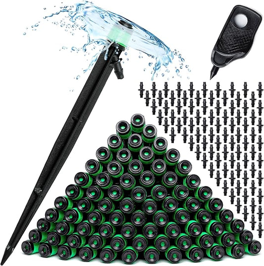 CARPATHEN 100 Drip Irrigation Emitters Vortex - Drip Irrigation Parts for Irrigation Kit - 1/4 inch Irrigation Tubing Compatible - 360 deg Adjustable Fan Sprayer for Raised Garden Bed, Potted Plants