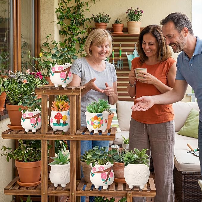 Hushee 12 Sets Ceramic Succulent Planters Paintable Succulent Plant Pots Small DIY Figurines Unpainted Pots with Drainage Hole Color Paints Paintbrushes Palettes