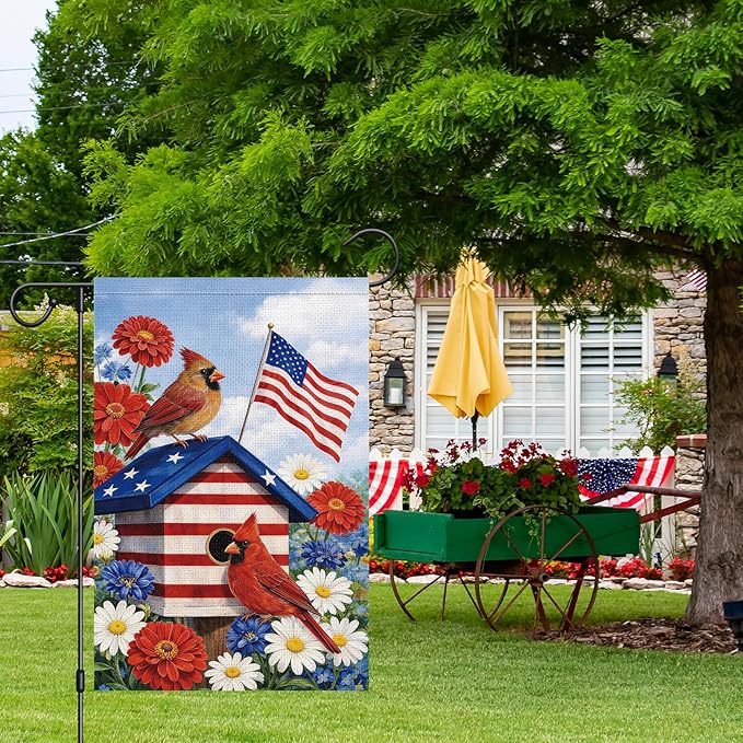 Heyfibro 4th of July Cardinals Patriotic Garden Flag 12x18 Double Sided Burlap, Birdhouse Red White & Blue Daisy Floral Yard Banner for Rustic Independence Day Outdoor Decor (ONLY FLAG)