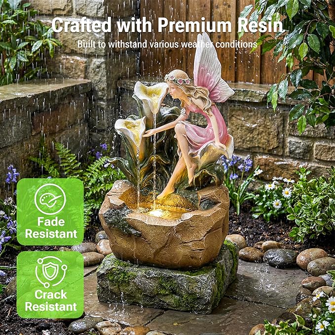 26-Inch Outdoor Water Fountain, Garden Flower Fairy Resin Waterfall Fountain with LED Light, Elegant Fantasy Outdoor Water Feature for Backyard, Lawn, Deck, Patio, Balcony in Pink, Gift Ideas