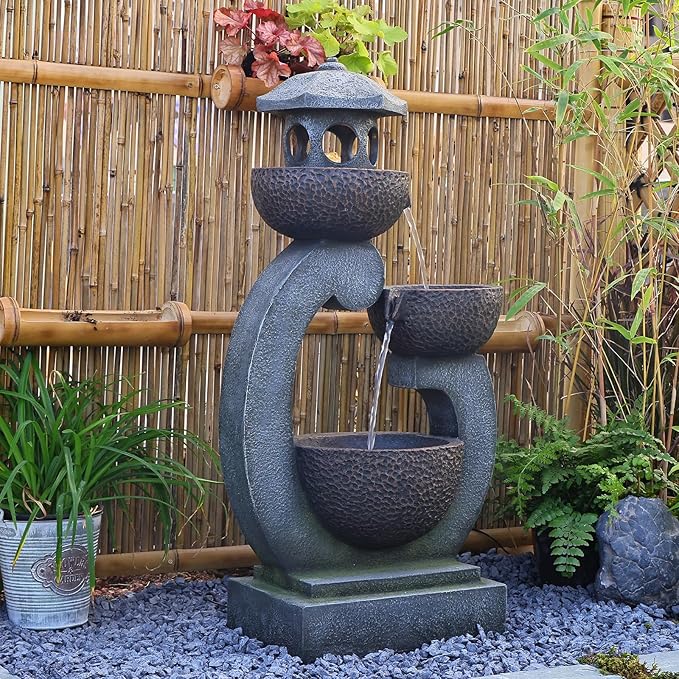 Tankana Outdoor Garden Water Fountain - Modern Tranquil Zen Pagoda Waterfalls Fountains Bowl with LED Lights & Pump for Patio Yard Porch Pool Decor, Gray, 35.5 inches