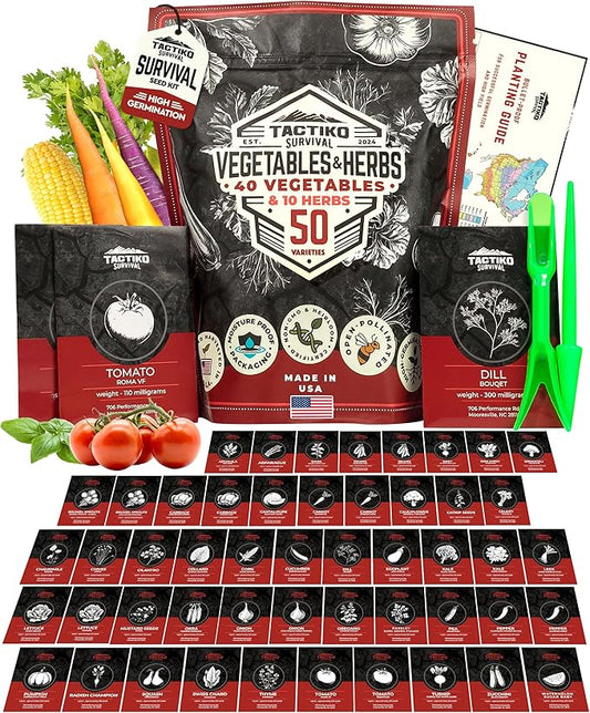 50 Tactiko Survival Vegetable, Herb & Fruit Seed Kit - U.S.A. Harvested Varieties - 37,000+ Non-GMO Heirloom Seeds - Emergency Seed Vault in Waterproof Mylar Bag - Long-Term Storage