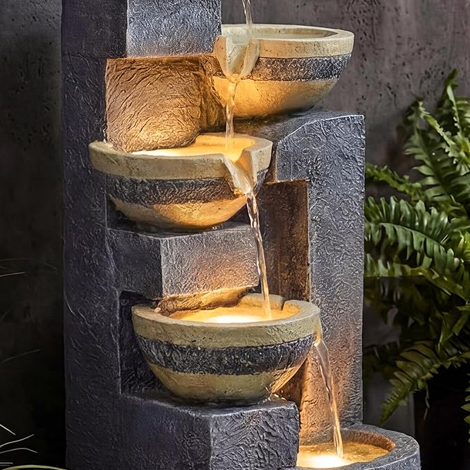 31-Inch Outdoor Water Fountain, 5-Tier Cascading Bowls Stacked Stone Design Resin Waterfall Fountain with 3 LED Lights, Home Art Decor for Garden, Patio, Yard, Porch, Deck or Balcony in Gray