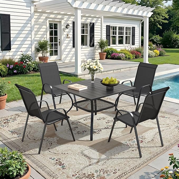 DIFY Patio Chairs Set of 2, Stackable Outdoor Dining Chairs Set with Breathable Textilene High Back and All-Weather Metal Frame for Garden, Backyard, Deck, Dark Grey