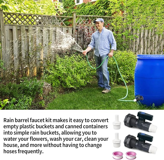 Rain Barrel Spigot Kit with PVC Bulkhead Fitting Adapter, 3/4" Rain Barrel Valve Diverter Kit for Water Tanks, Garden Barrels (2 Pack)