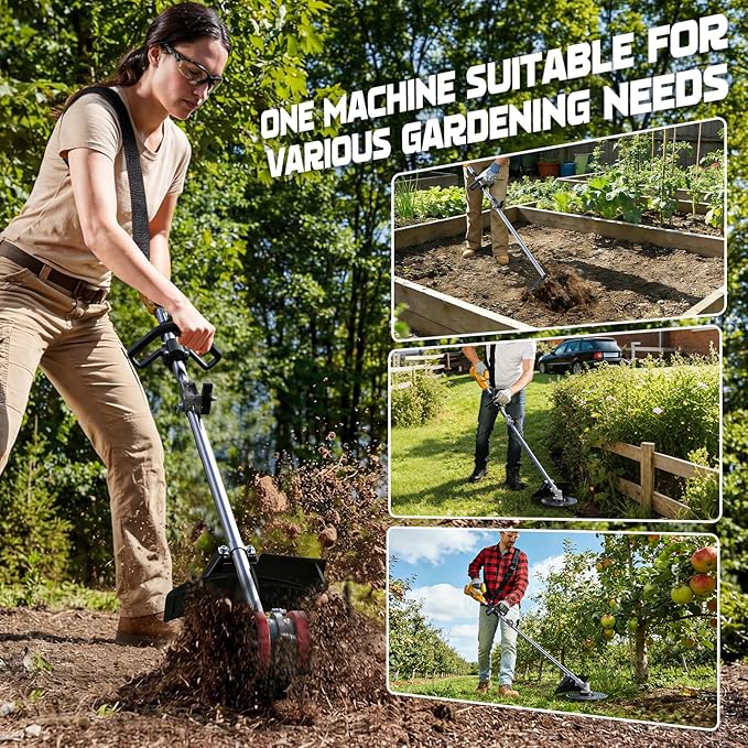 Cordless 2-in-1 Tiller Cultivator & Weed Wacker Compatible with Dewalt 20V Battery (Tool Only), 500RPM Electric Garden Tiller String Trimmer, 9" Tilling Width 9.4" Depth for Soil Lawn Cultivation
