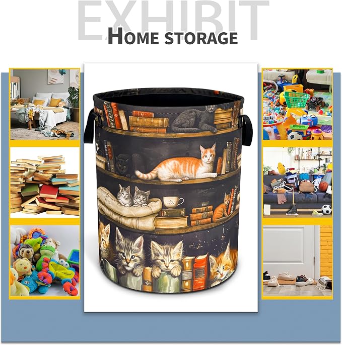 Cat On The Bookshelf Laundry Basket Foldable Waterproof Hamper 18.9x16.5 In