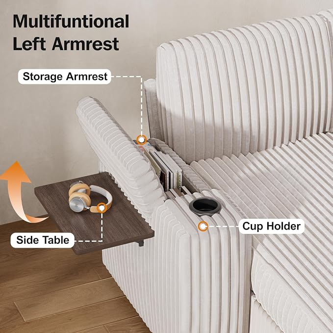 Vipbear 108" Modular Sectional Sleeper Sofa with Pull Out Bed, 4 Seat Plush Corduroy U Shaped Couch with USB Ports|Cup Holders|Side Table|Storage Chaise Armrests, Tool Free Assembly, Beige
