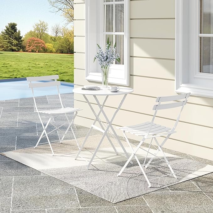 GarveeLife 3-Piece Folding Bistro Set, Foldable Patio Furniture Set with Premium Frame, Outdoor Bistro Table and Chairs Set of 2 for Patio, Garden and Balcony, White