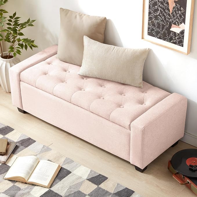 Huatean Home 48" Ottoman with Storage, Pink Storage Ottoman Bench | Upholstered Entryway Bench with Seating for Bedroom, Living Room, with Safety Hinge, Holds up to 330 lb