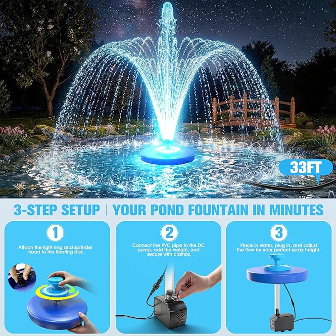 Large Pond Fountain,Floating Pool Fountain with LED Lights,Big Floating Water Fountain Pump,Pond Fountain Aerator with Anchor,Outdoor Pool Water Feature for Pond,Garden (Corded Electric,33FT Cord)