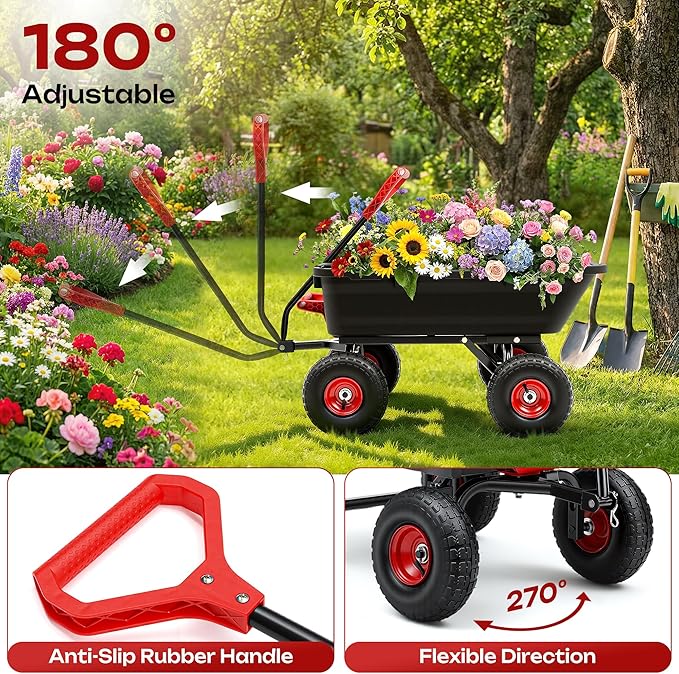 Autodaya 900LB Garden Dump Cart, 2026 Upgraded Heavy Duty Wheelbarrow Cart with 10" Non-Slip Pneumatic Tires & Quick-Release System, 4-Wheel Steel Frame Wagon for Transportation in Yard, Farm, Garden