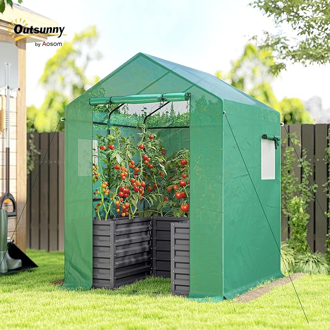 Outsunny Greenhouse with Raised Garden Bed, 56" x 56" x 75" Galvanized Steel Planter Box with PE Cover, Roll Up Door and Windows, Outdoor Greenhouse for Flowers Vegetables, Dark Gray