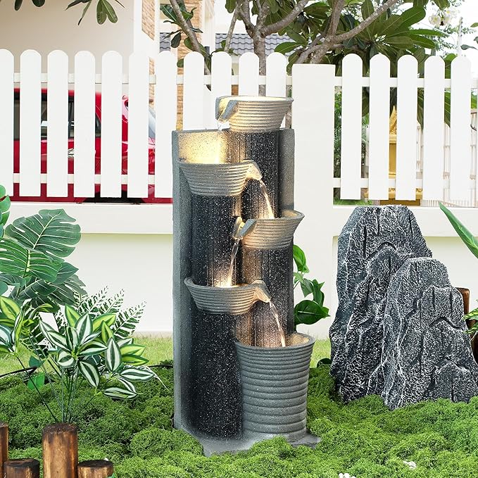 Grepatio Outdoor 5-Tiers Cascading Water Fountain, Garden Waterfalls Fountain with LED Lights, 24" H Modern Indoor Floor Standing Water Fountains with Pump for Patio, Yard, Deck Decor (Greyish Black)