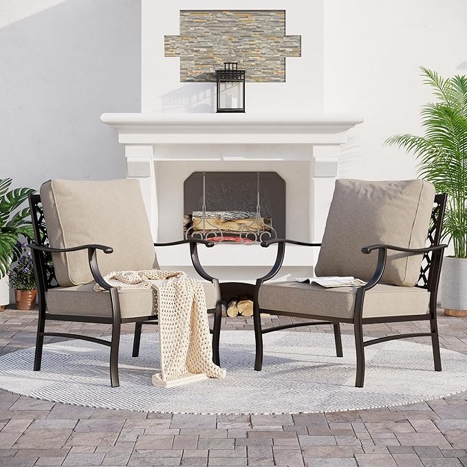 SUNSHINE VALLEY Metal Patio Chairs Set of 2 with 5.75" Extra Thick Cushion, 2 Pieces High Back Outdoor Patio Chairs All Weather Outdoor Furniture Seating for Deck Backyard Balcony Front Porch, Beige