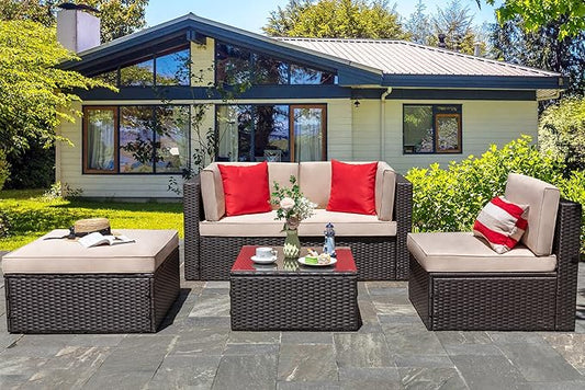 Vongrasig 5 Piece Patio Furniture Sets, All-Weather PE Rattan Wicker Outdoor Sectional Couch, Small Patio Conversation Set with Glass Table for Garden Pool, Beige